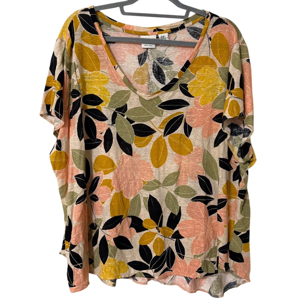 Rachel Zoe Womens 3X Top Multicolor Floral 100% Linen V-Neck Short Sleeve Plus